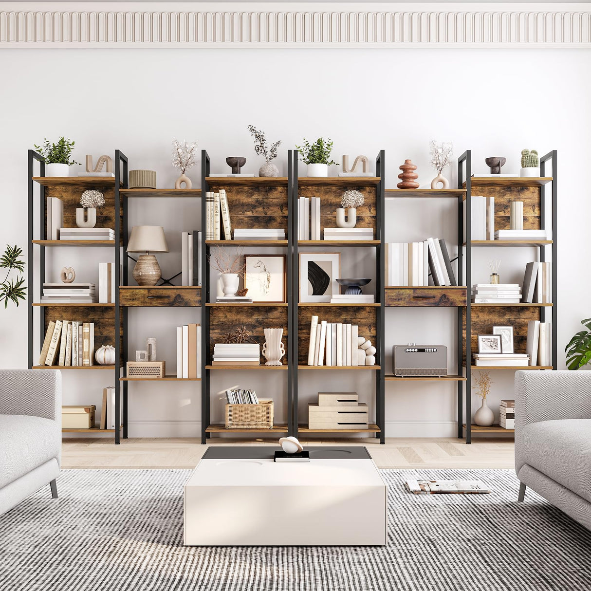 HOOBRO Triple Book Shelf, Industrial Bookshelf with Drawer, 5-Tier Bookcase with Metal Frame, Bookcase with 13 Open Display Shelves for Home Office, Living Room, Rustic Brown and Black BF160SJ01 HOOBRO