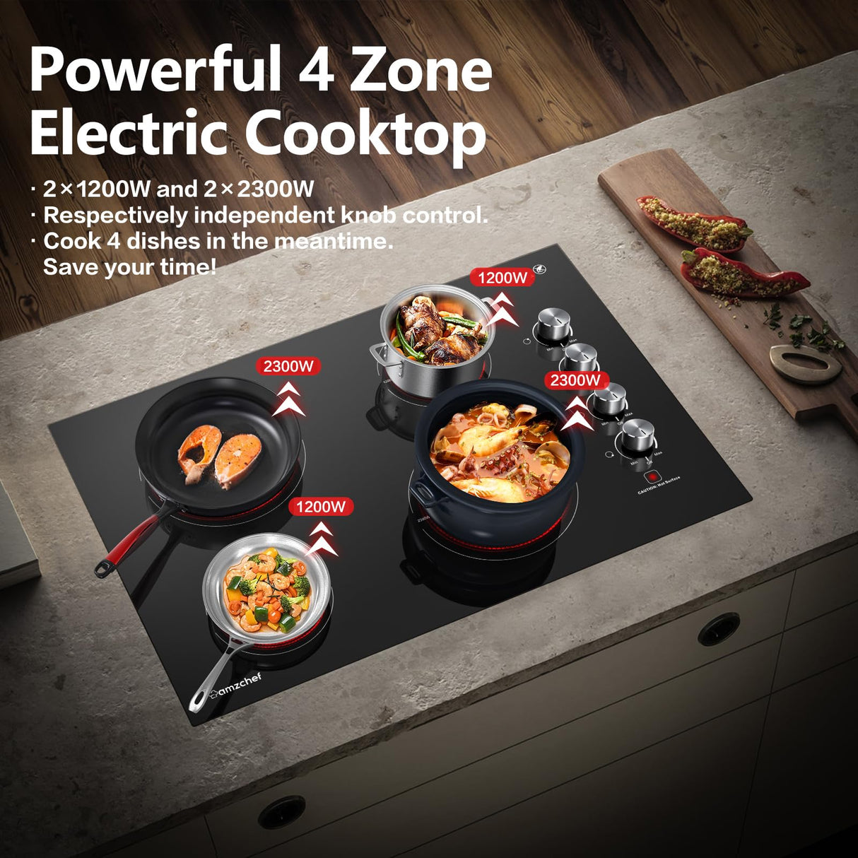 AMZCHEF 30 Inch Built-in Electric Cooktop,7000W and 4 Burners Cooktop with ETL Safety Certified,Knob Control Levels & Hot Surface Indicator amzchef