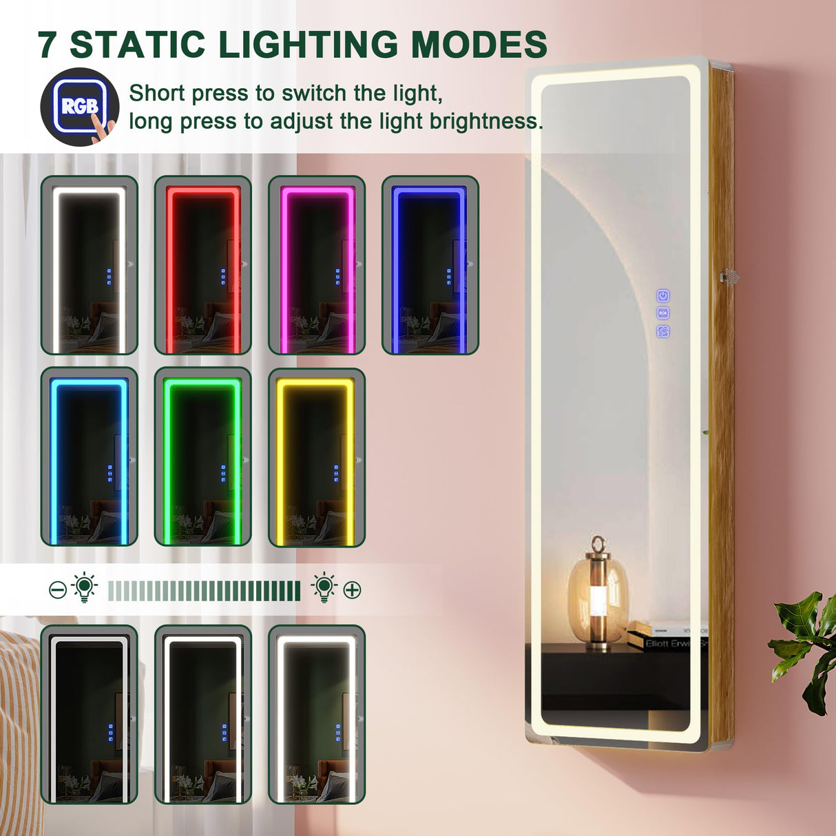 HNEBC LED Mirror Jewelry Cabinet with RGB Lights,47.2" Wall Mounted Jewelry Organizer with Full-Length Mirror,Over The Door Hanging Jewelry Armoire Storage Cabinet,Folding Dresser,2 Drawers,Lockable HNEBC