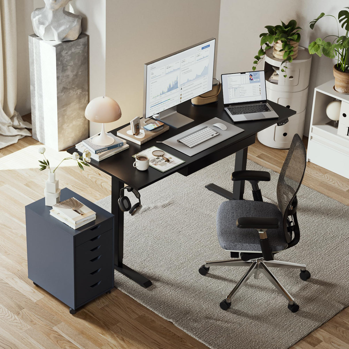 Agilestic Adjustable Height Electric Standing Desk with Storage Wooden Drawer, 63 x 24 Inches Stand Up Home Office Computer Gaming Table with Splice Board for Work Office Home, Black Agilestic