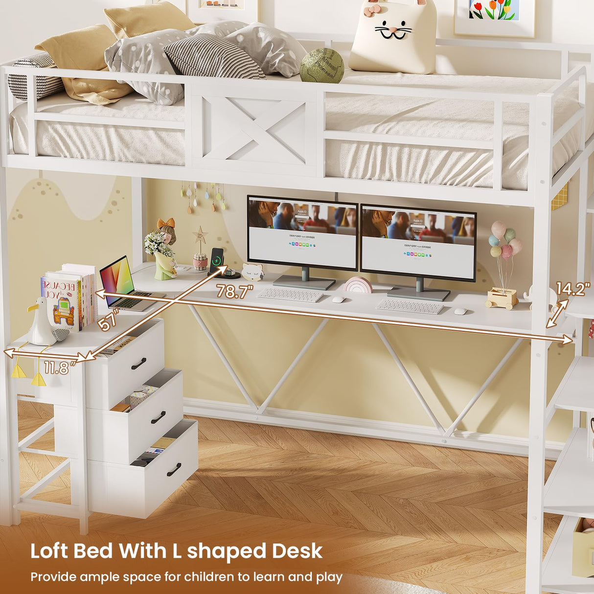 Itaar Stairway Twin Size Loft Bed with L Shaped Desk and Wardrobe, Metal Loft Bed Frame with Storage Stairs,3 Fabric Drawers, LED Lights & Charging Sation,No Noise & No Box Spring Needed, White Itaar