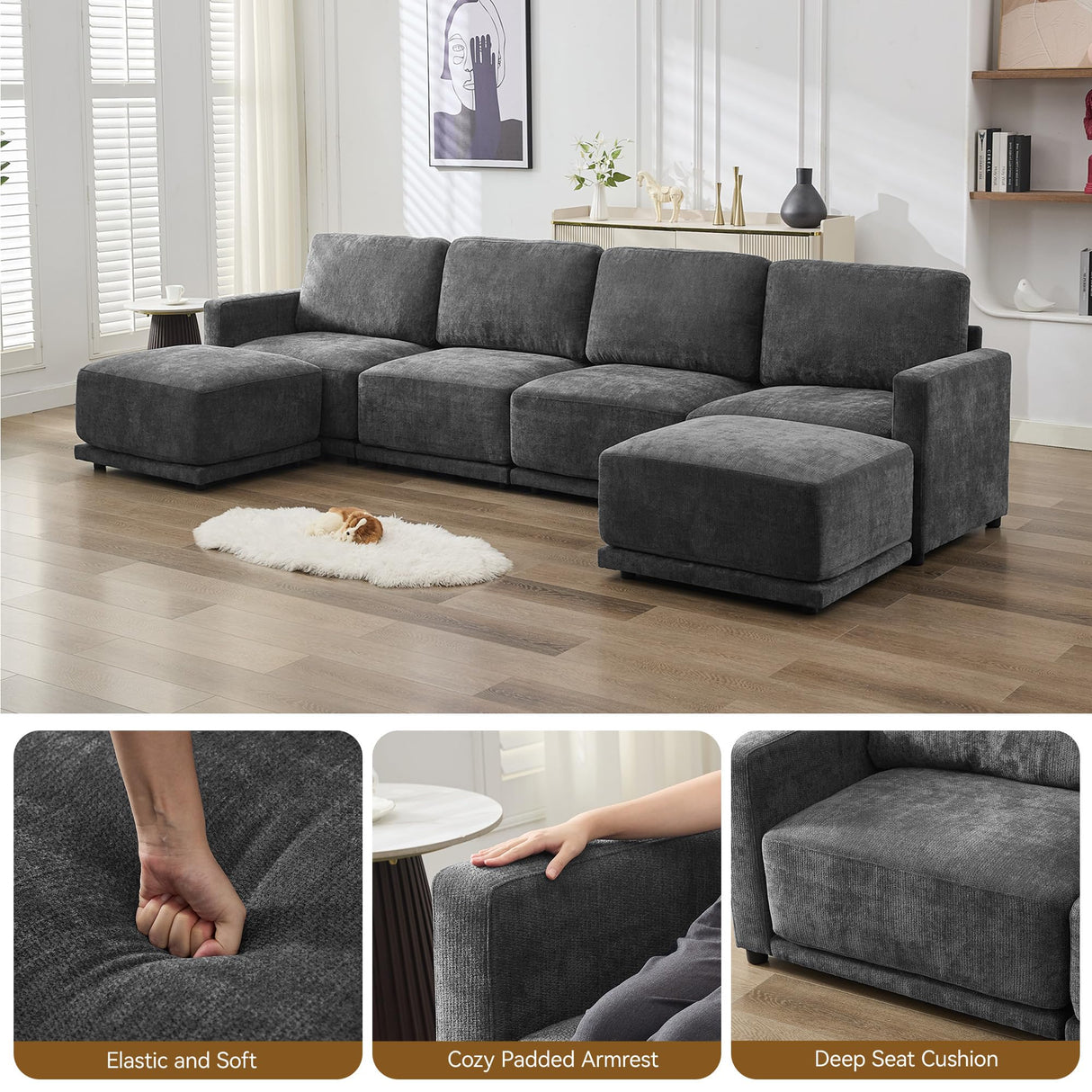 CACFTII 143.8" Modular Sectional Sofa Modern Chenille U-Shaped Couch with Thickened Seat Cushions, Easy Assembly, Upholstered 6 Seater Couch with 2 Movable Ottomans for Living Room, Grey CACFTII