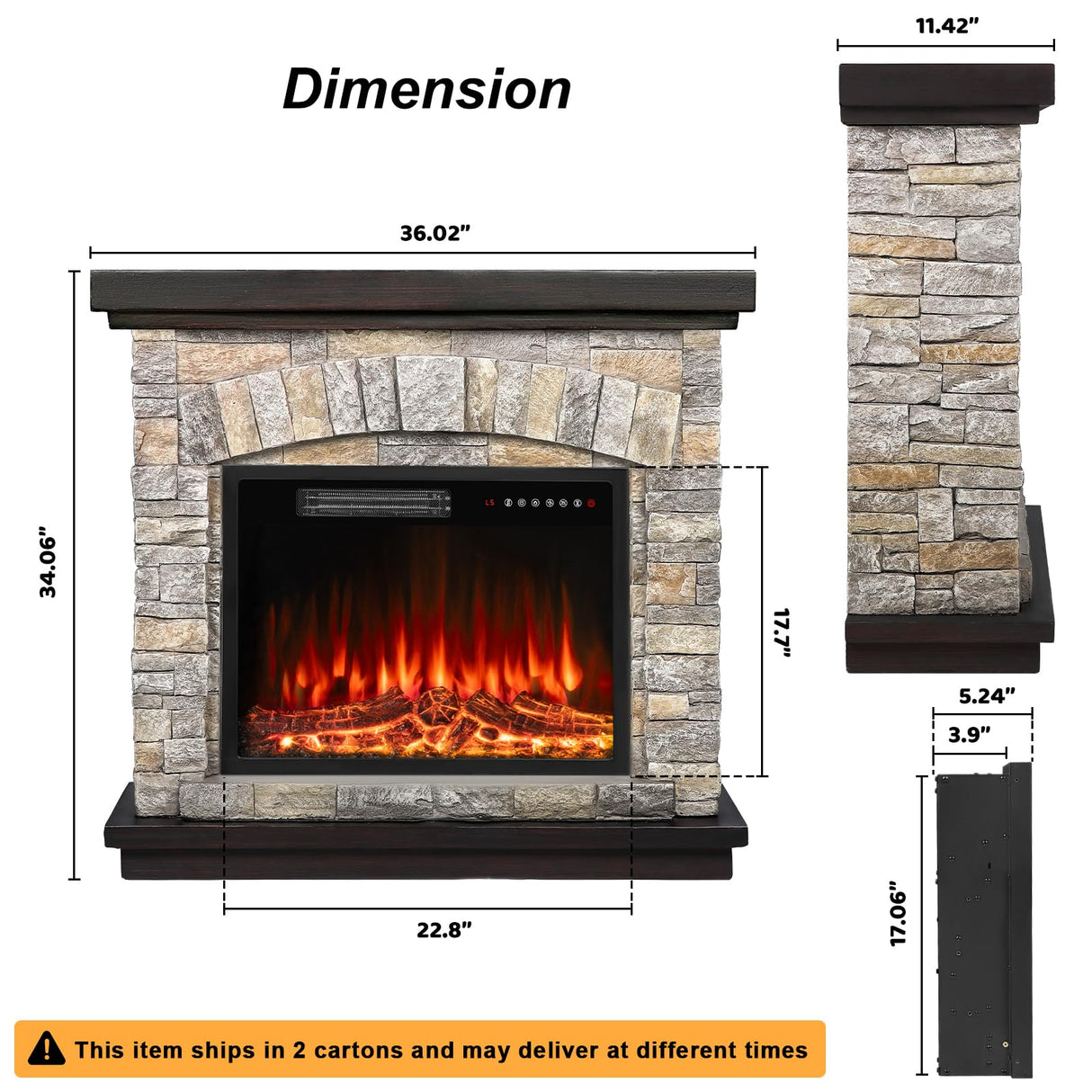 BOSSIN 36" Electric Fireplace with Mantel, 23 inch Electric Fireplace Insert, TV Stand Freestanding Heater with Remote Control Timer LED Flame for Living Room Bedroom,Faux Stone Gray BOSSIN