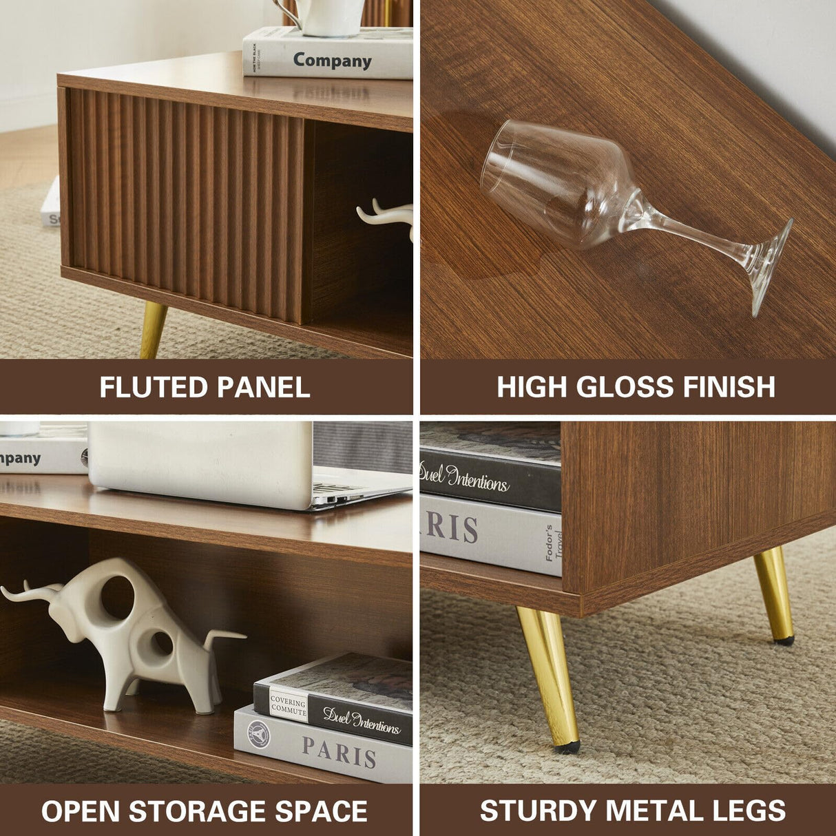 COSVALVE 41.3IN LED Walnut Coffee Tables for Living Room with 16 Colors LED Lights, Modern Minimalist Coffee Table with Fluted Panel, Rectangle Center Table Game Table COSVALVE