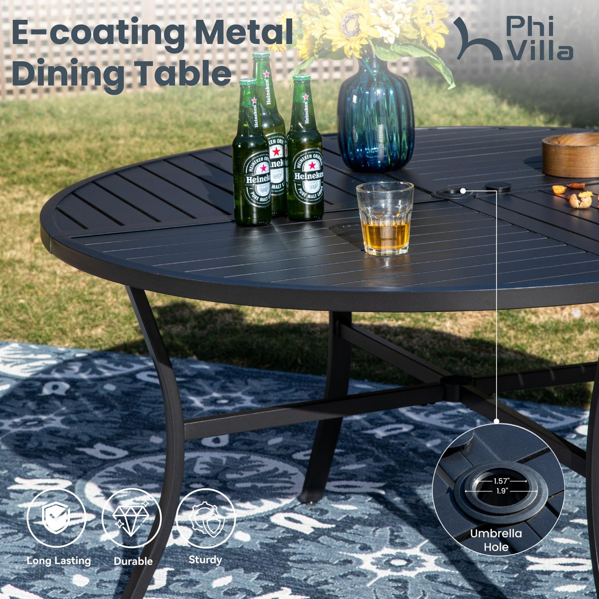 PHI VILLA 7 Piece Outdoor Patio Dining Set with 6 Swivel Dining Chairs & 1 Large Round Dining Table, Blue Textilene Mesh Fabric Chair and 54" Metal Table for All Weather PHI VILLA