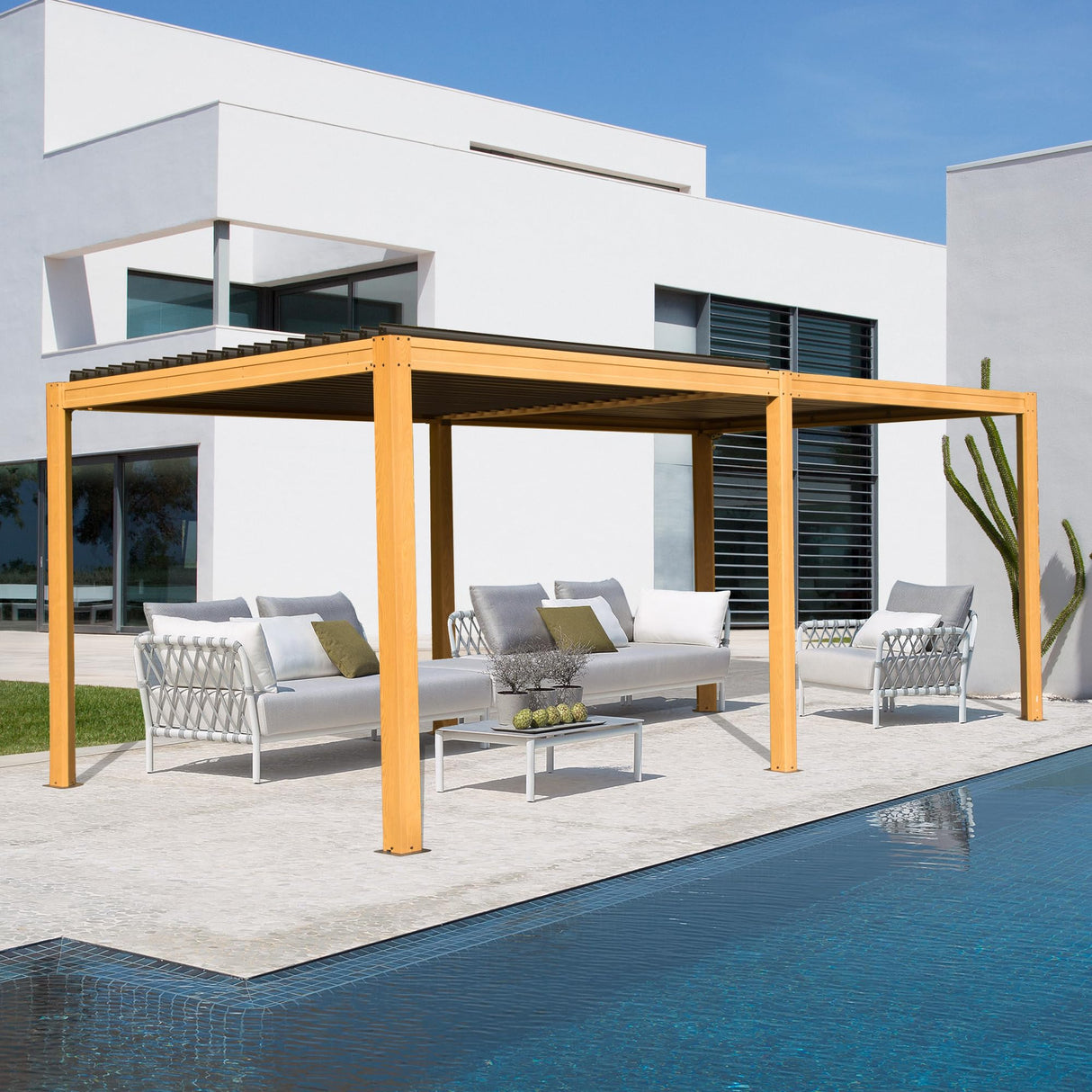 SHPAI 10’ x 20’ Louvered Pergola, Outdoor Pergola Aluminum Frame with Adjustable Rainproof Metal Roof, Permanent Sun Shade with Drainage System for Backyard, Garden and Lawn (Wooden Grain) SHPAI