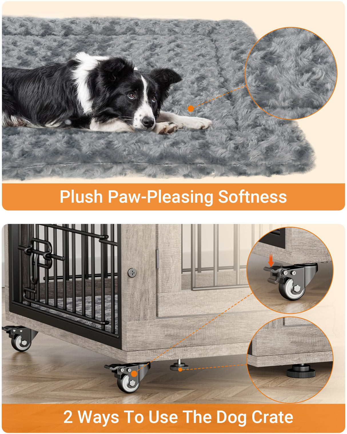 Lulive Dog Crate Furniture, Dog Kennel Indoor Double Doors Wooden Dog Cage, 33'' Heavy Duty Dog Crate with Cushion & Wheels, Decorative End Table Pet House Chew-Resistant for Medium/Small Dog, Grey Lulive