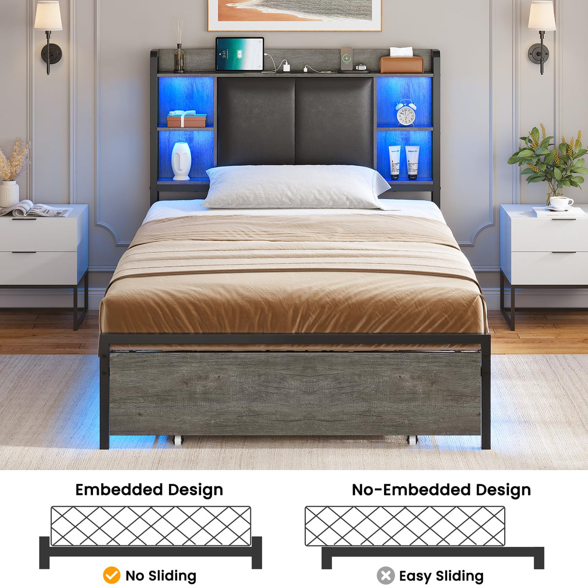 AOGLLATI Modern Twin Bed Frame with LED Lights, Storage Headboard and Drawers in Black Oak AOGLLATI