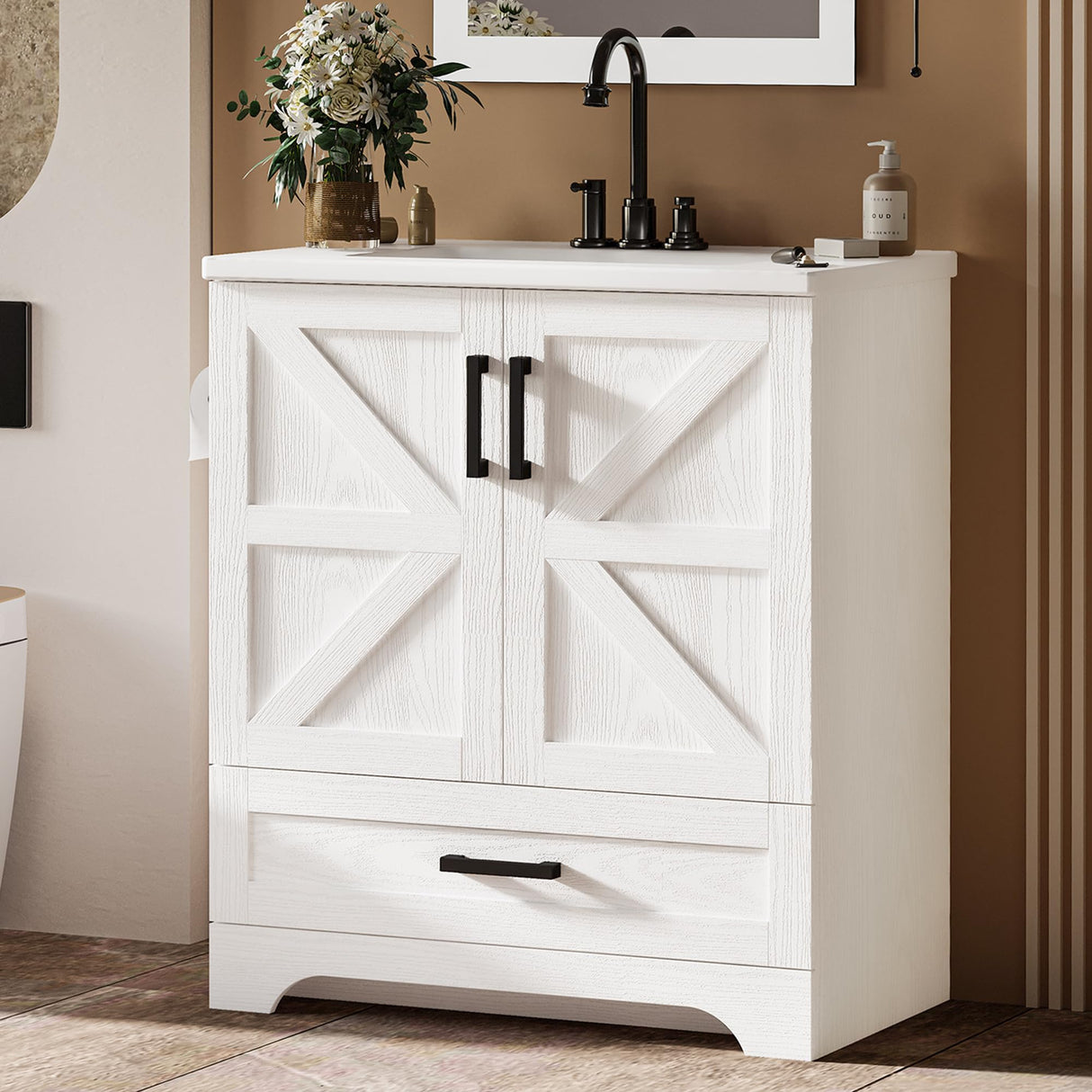 IRONCK Bathroom Vanity, 30" Bathroom Vanity with Sink, Farmhouse Wood Fixture Stand Pedestal Bathroom Cabinet with Drawer, Easy Assembly IRONCK