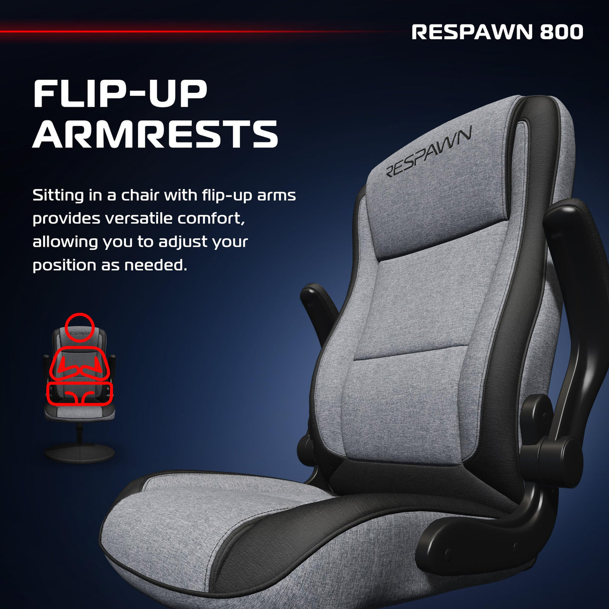 RESPAWN 800 Gaming Chair Floor, Swivel Rocker Gaming Chair, High Back Ergonomic Floor Gaming Chair for Kids and Adults, Gaming Recliner, Floor Rocker Chair with Armrests - Grey Fabric RESPAWN