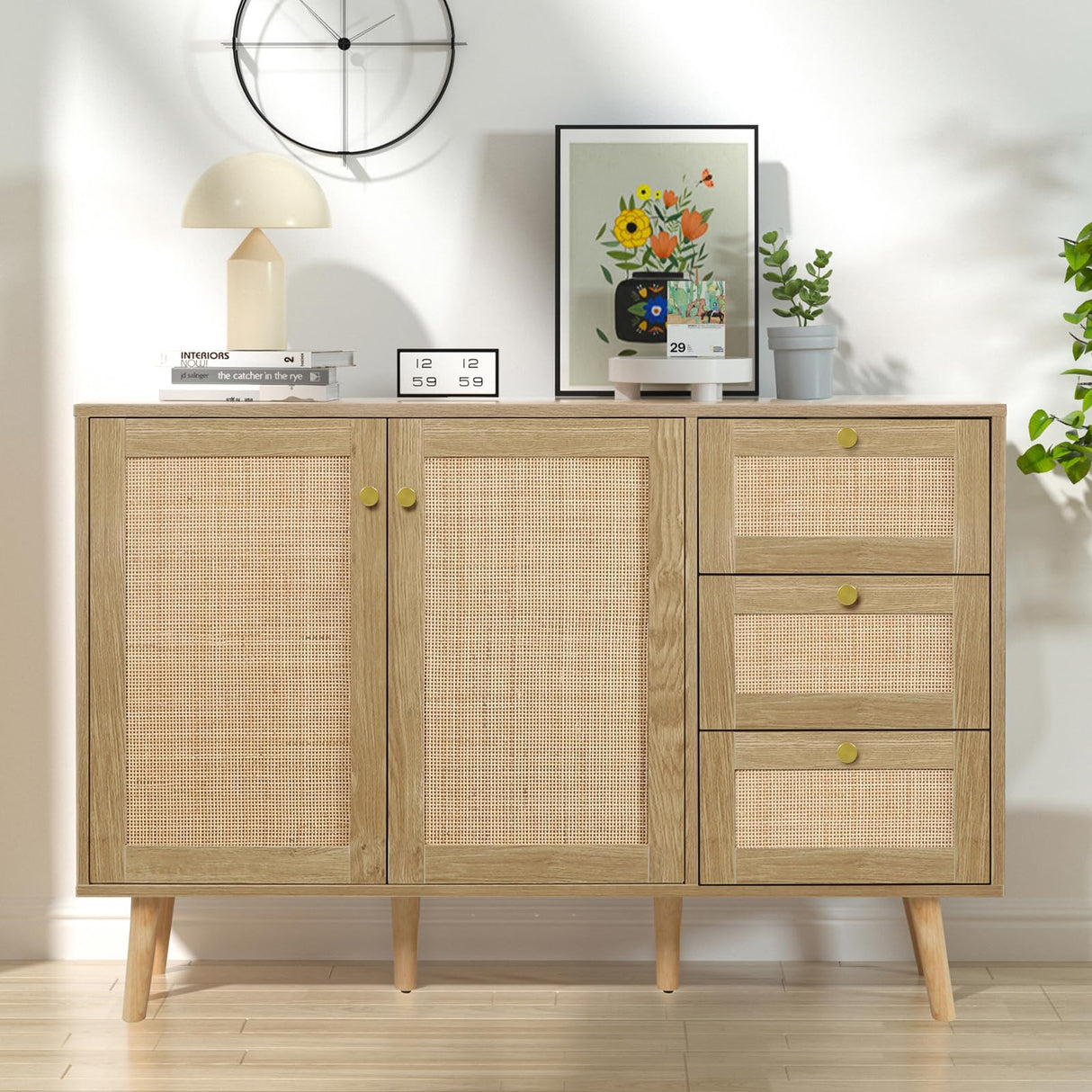 Anmytek Rattan Sideboard Buffet Cabinet with 2 Doors and 3 Drawers, Buffet Cabinet with Storage Wood Credenza Storage Cabinet for Living Room Dining Room Hallway Kitchen, Natural Oak H0088 Anmytek