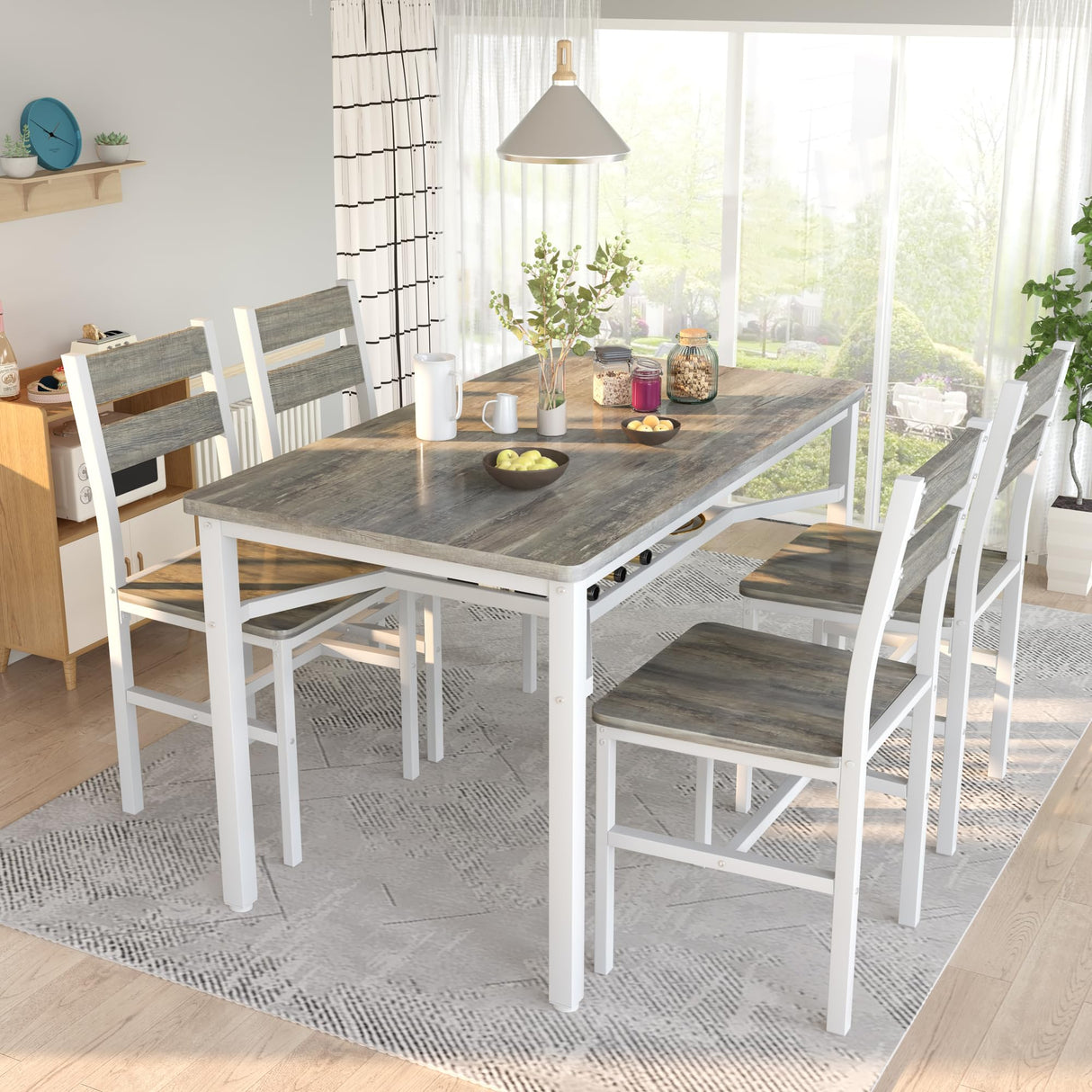 Hooseng Dining Table Set for 4, Wood Kitchen Table Chairs Set with Storage, Farmhouse 5 Piece Dining Room Table Set, Space-Saving Dinette Set for Breakfast Nook, Apartment Hooseng