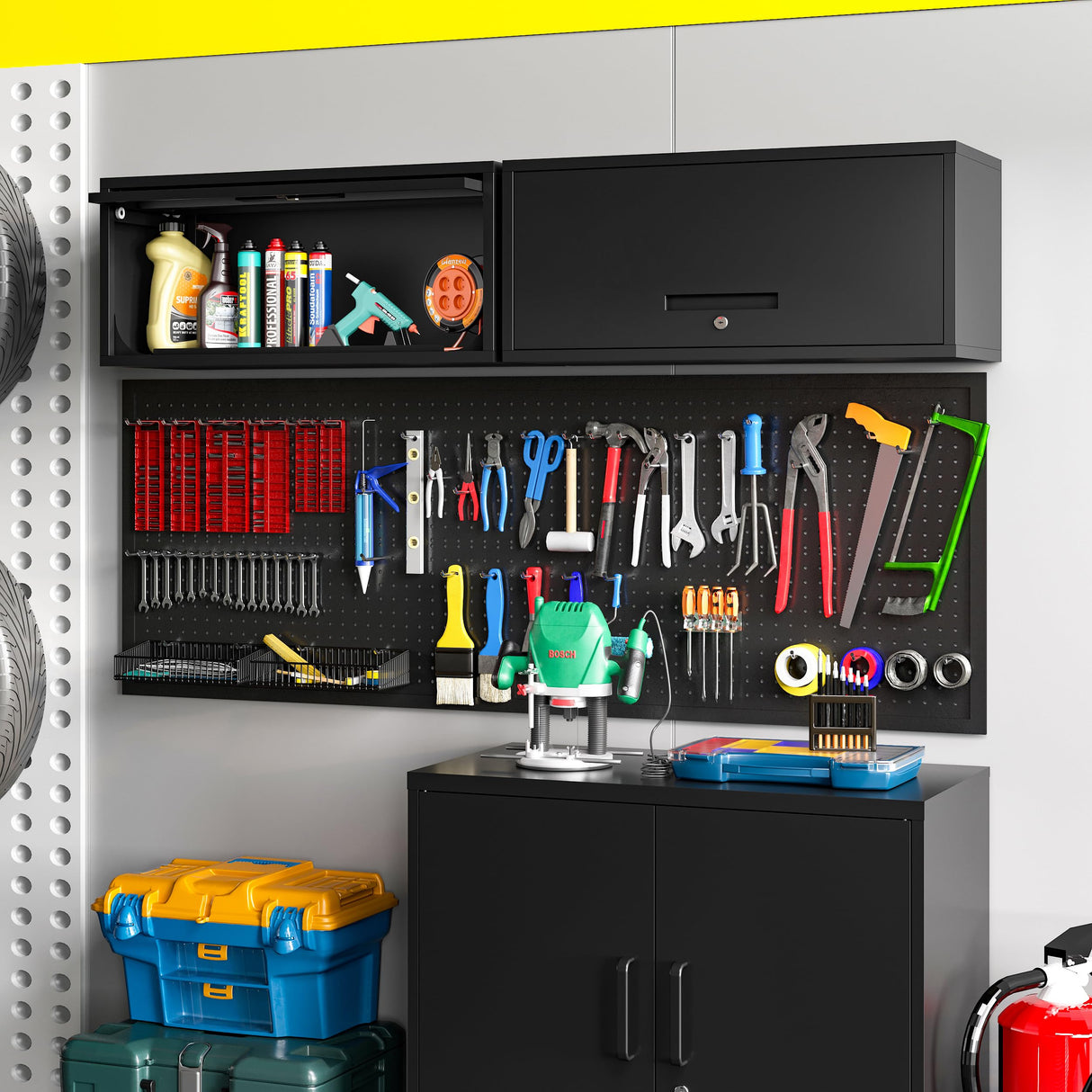 BYNSOE Metal Wall Storage Cabinet with Lock 1 Shelving Garage Storage Cabinet with Flip-Up Door Hanging Garage Cabinet for Kitchen Home Workshop,Assembly Required (Black, 13.7''H) BYNSOE