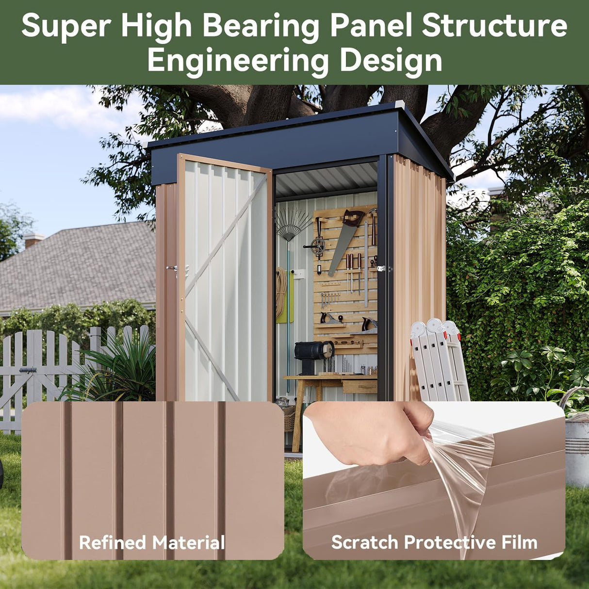 Aoxun 5x3 FT Shed Outdoor Waterproof Storage Shed Metal Garden Shed with Lockable Doors & Slooping Roof for Backyard, Patio, Poolside (Brown) Aoxun