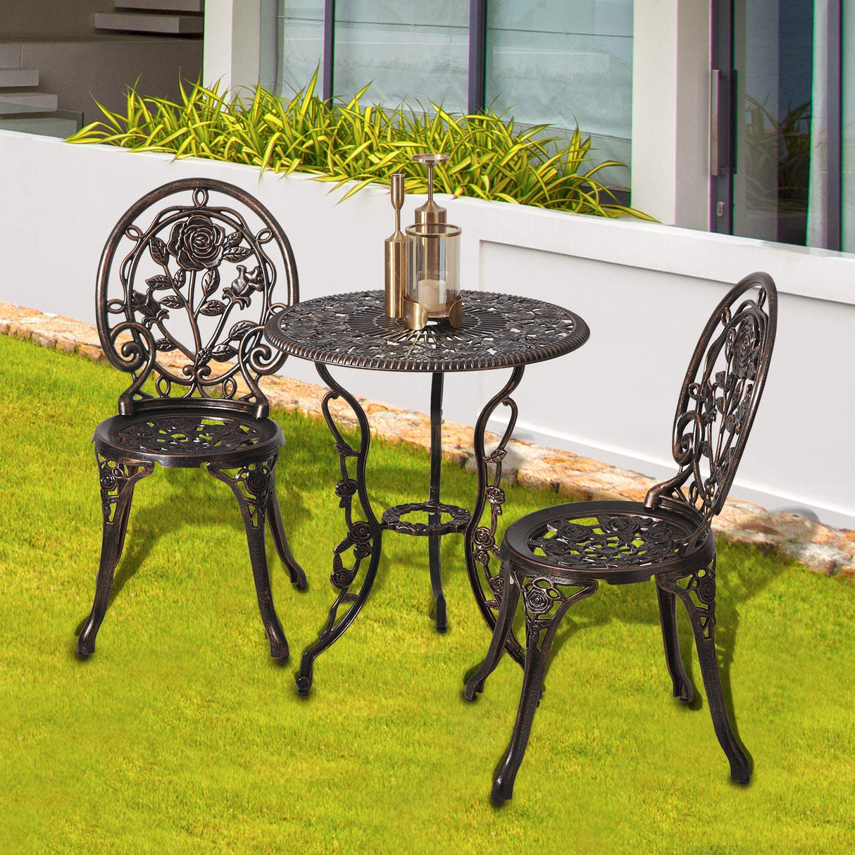 HOMEFUN Bistro Table and Chairs Set of 2 Outdoor 3 Piece Patio Set, Rose Pattern Cast Aluminum Bistro for Garden Balcony, Durable Rust All-Weather Resistance, Rose Bronze HOMEFUN