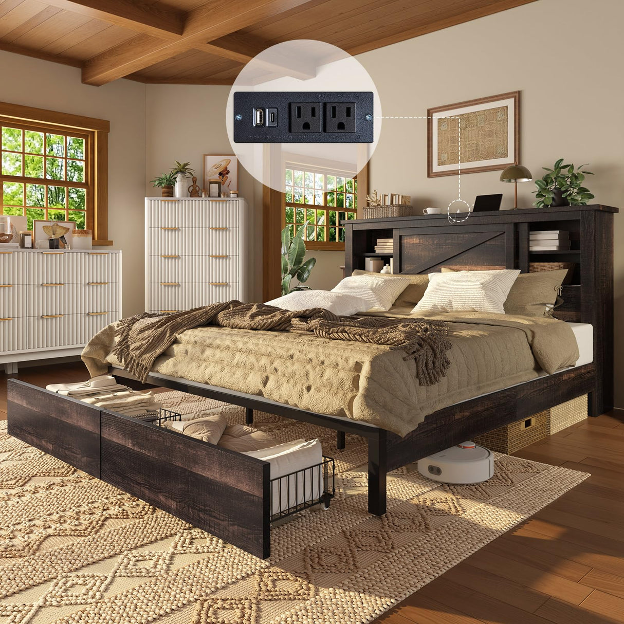 AMERLIFE 47.2" H King Bed Frame with Hidden Space Bookcase Headboard and Charging Station, Beds with 2 Storage Drawers and Wood Slats, No Box Spring Needed, Dark Oak AMERLIFE