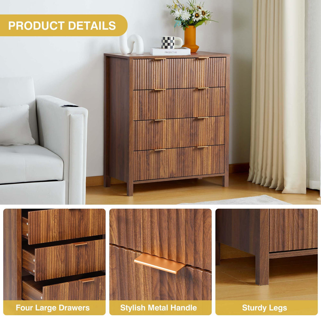 XUZENEST 4 Drawer Double Dressers for Bedroom with Waveform Fluted Panel Design, Modern Wide Chest of Drawers,Wood Storage Dresser Chest of Drawers for Bedroom Living Room Hallway Closet,Walnut 2 Sets XUZENEST