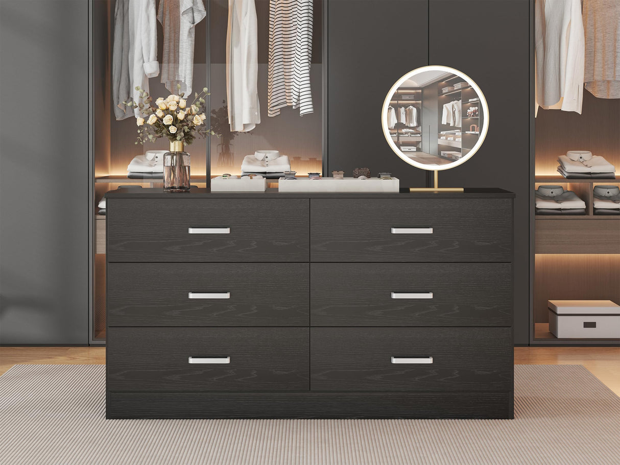 Bigbiglife Wood Dresser for Bedroom, 6 Drawer Double Dresser, Modern Chest of Drawers with Deep Drawers, Large Storage Organizer for Living Room, Closet,15.8" D x 47.2" W x 27.7" H (Black) Bigbiglife