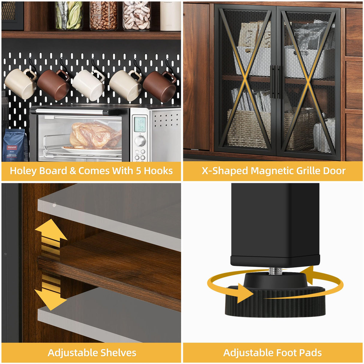 DWVO Kitchen Pantry Cabinet with Trash Can Cabinet, Large Microwave Stand w/Power Outlet, Kitchen Hutch Storage Cabinet Metal Frame Kitchen Cupboard, Rustic Brown, 63" W x 15.7" D x 69" H DWVO