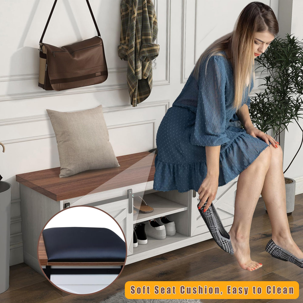 IDEALHOUSE 47'' Farmhouse Shoe Storage Bench with Padded Seat Cushion, End of Bed Entryway Bench with 2 Barn Doors, Adjustable Shelf for Entryway, Living Room, Bedroom White IDEALHOUSE