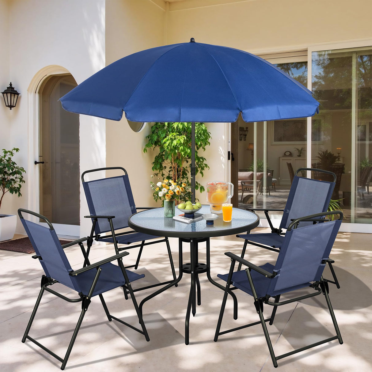 Vongrasig 6 Pieces Folding Patio Dining Set, All Weather Small Metal Outdoor Table and Chair Set, Garden Patio Furniture Set w/Umbrella, Glass Table & 4 Folding Chairs for Lawn, Backyard, Blue Vongrasig