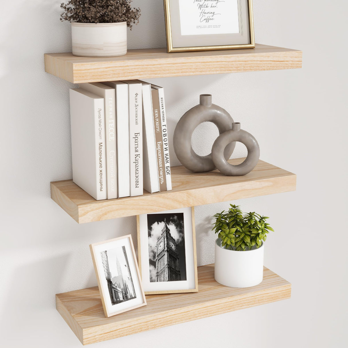 Natural Wood Floating Shelves, Wood Floating Shelves for Wall Set of 3, 17 Inch Natural Raw Wood Shelves for Living Room Bedroom Home Office - Natural fuqing