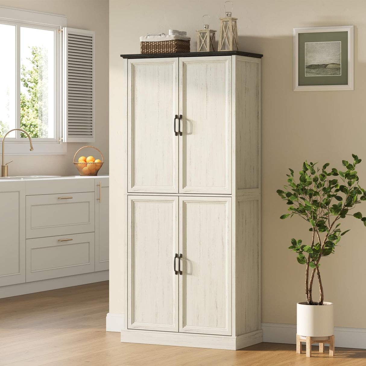 Tradare 71'' Tall Pantry Cabinet, Farmhouse Kitchen Pantry Storage Cabinet with Barn Door and Adjustable Shelves, Rustic White Wood Freestanding Cupboard for Kitchen, Dining Room Tradare