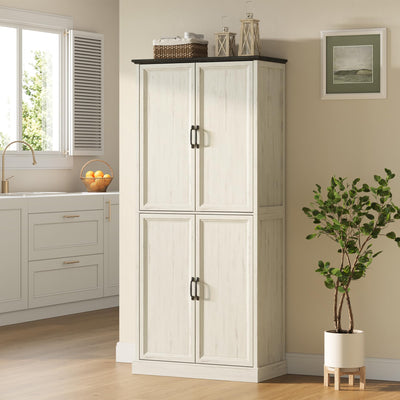 Tradare 71'' Tall Pantry Cabinet, Farmhouse Kitchen Pantry Storage Cabinet with Barn Door and Adjustable Shelves, Rustic White Wood Freestanding Cupboard for Kitchen, Dining Room