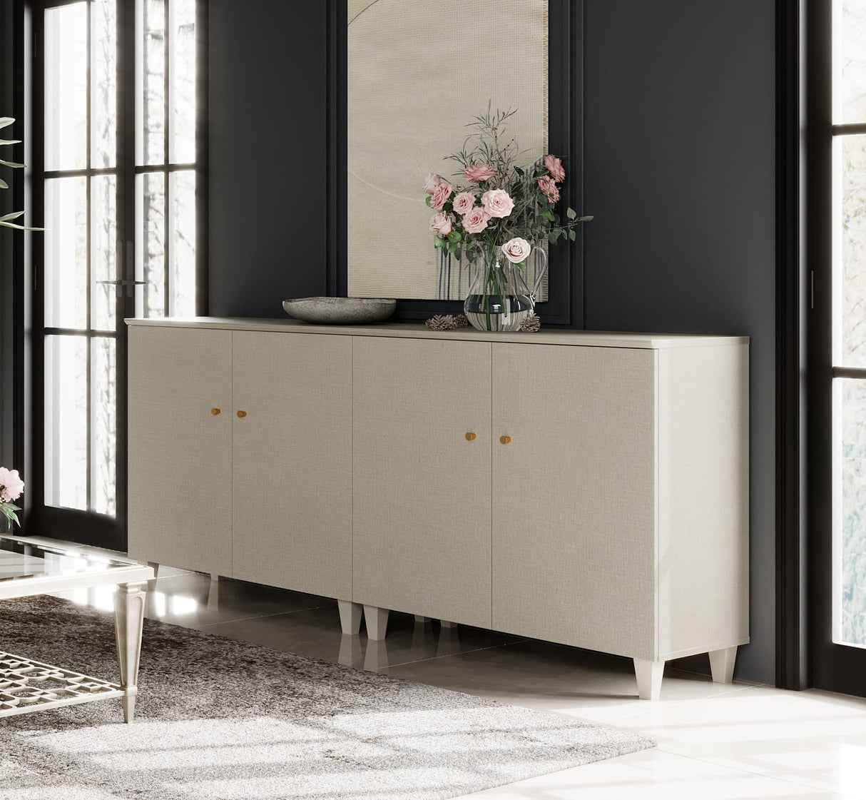 WAMPAT Buffet Cabinets Sideboards, 70.8" Wood Credenza Console Tables with 4 Doors, Set of 2 Kitchen Storage Cabinets with 6 Compartments & Solid Wood Legs for Living Room, Hallway, Beige, 1 Pack WAMPAT