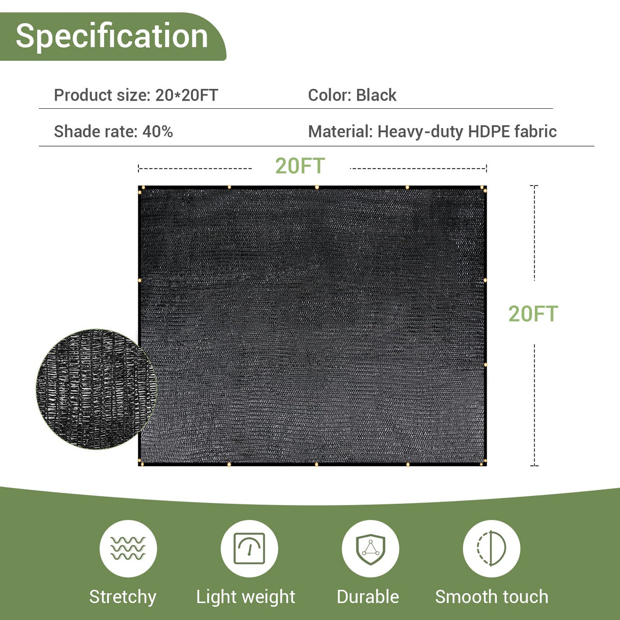 40% Garden Shade Cloth, 20x20FT HDPE Mesh Tarp with Upgraded Grommets, UV-Resistant Outdoor Sun Shades for Greenhouse, Garden, Patio Plants, Pergola Keten