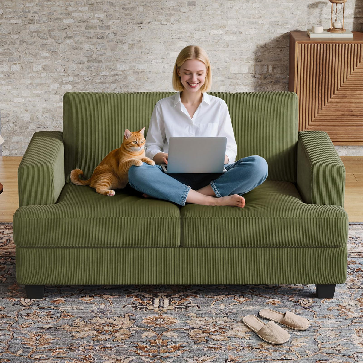 COPIAE 63 Inch Sofa with Extra Deep Seats Oversize, Corduroy Fabric 2 Seater Sofa for Living Room,Modern Couch and Loveseat, Comfy Armrests and Seats and Backrests, Easy Installation, Green COPIAE