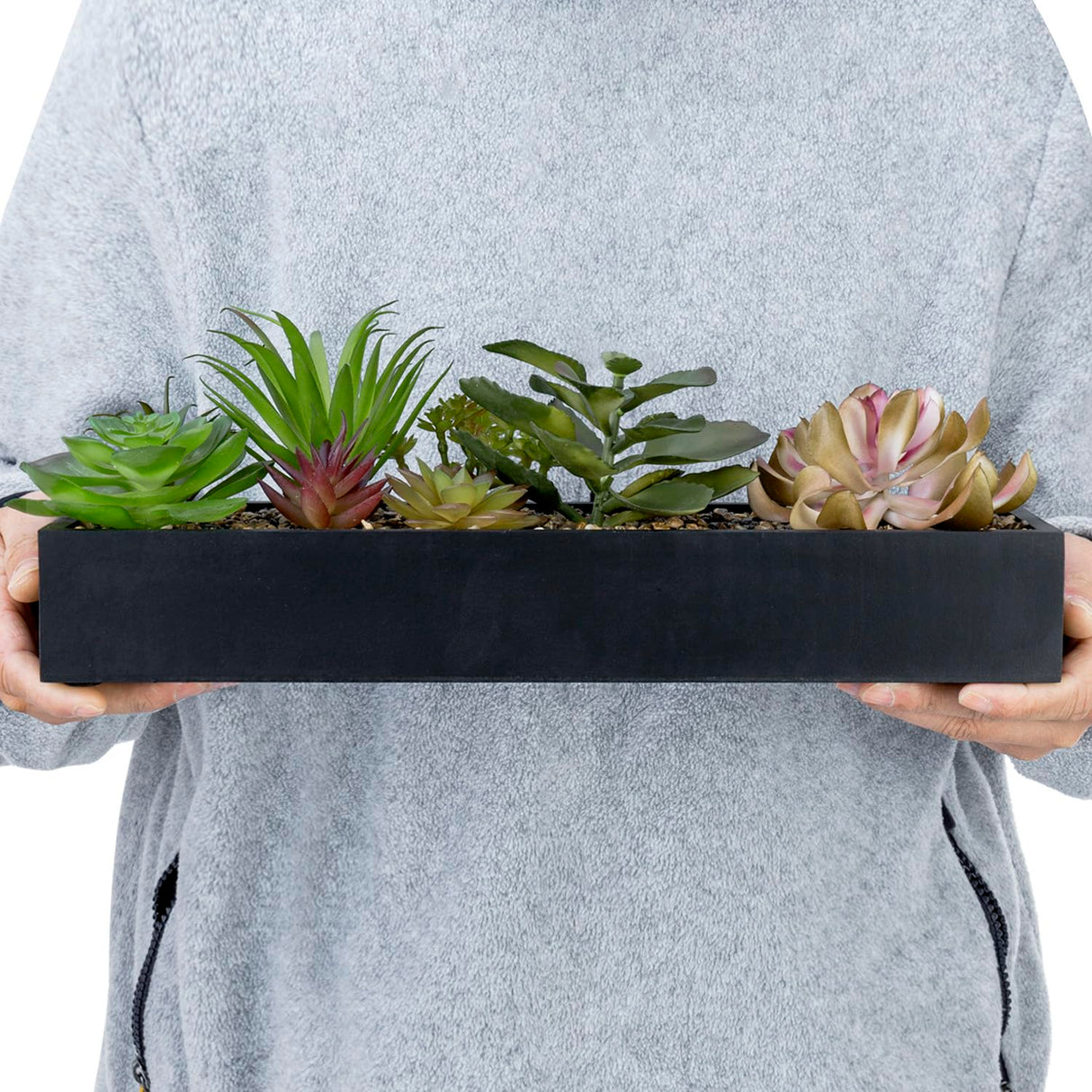 MyGift Artificial Assorted Succulent Arrangement in Rectangular Black Wood Planter Box, Fake Plant Decor MyGift