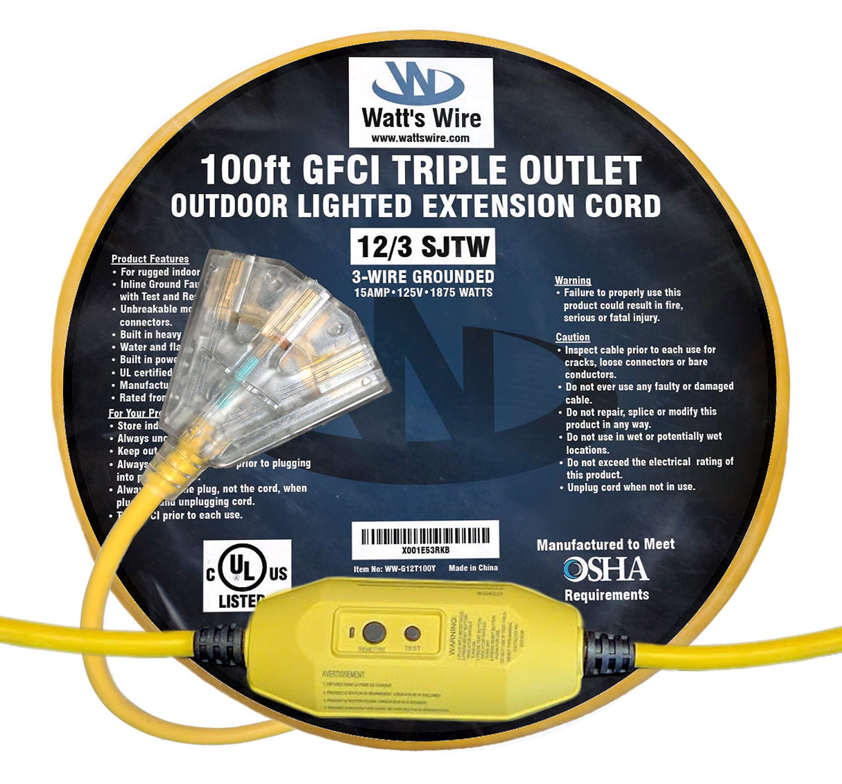 100 ft - GFCI 12 Gauge Heavy Duty Extension Cord - 3 Outlet SJTW - Indoor/Outdoor Extension Cord by Watt's Wire - 100' 12-Gauge Grounded 15 Amp Extension Cord - GFCI Extension Cord Watt's Wire