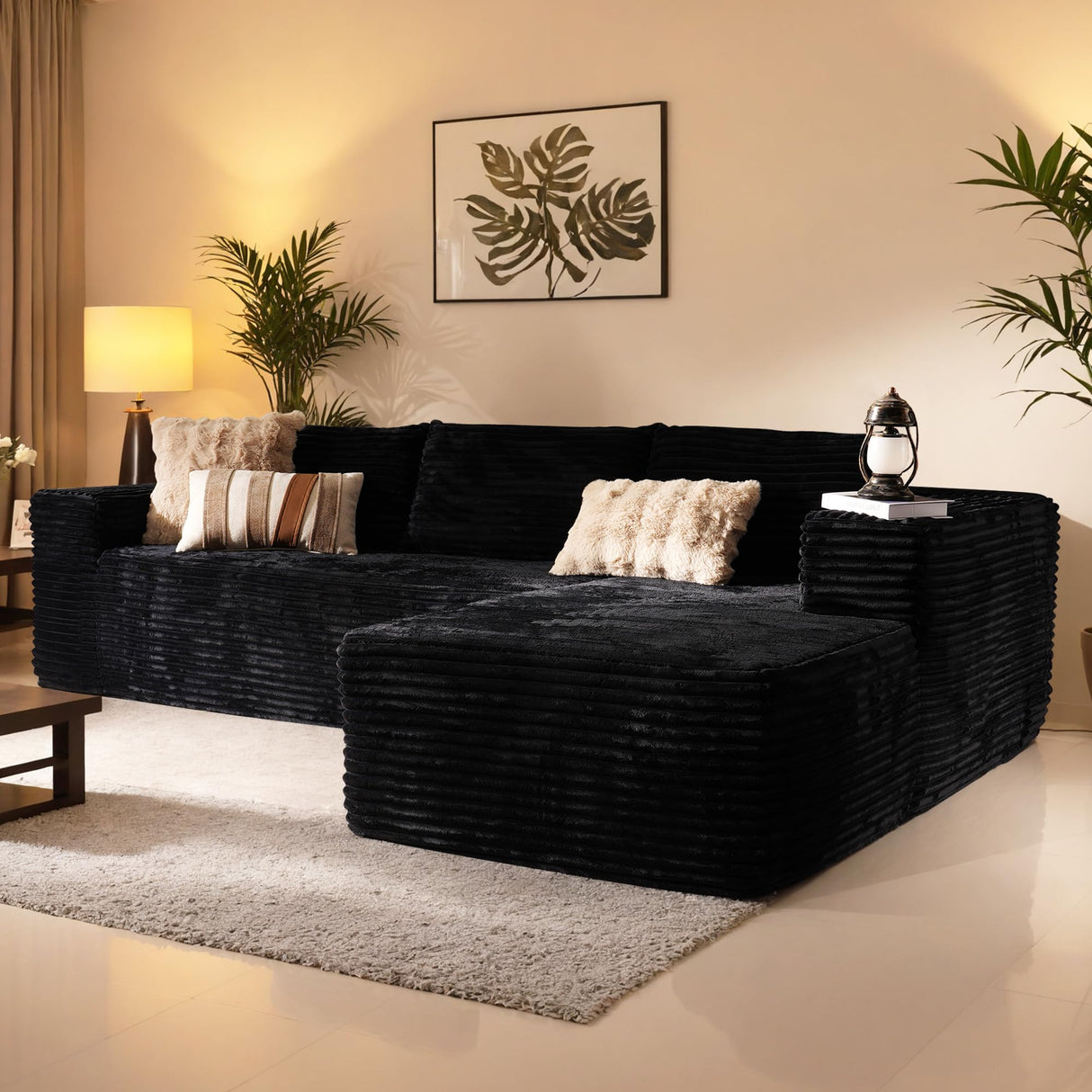 106" Cloud Sectional Couch with Chaise Lounge,L Shaped Modular Modern Sofa,Comfy Corduroy Fluffy Couch with Deep Seat,No Assembly Required Couch for Living Room(Right,Plush Corduroy,Black) weaxty W