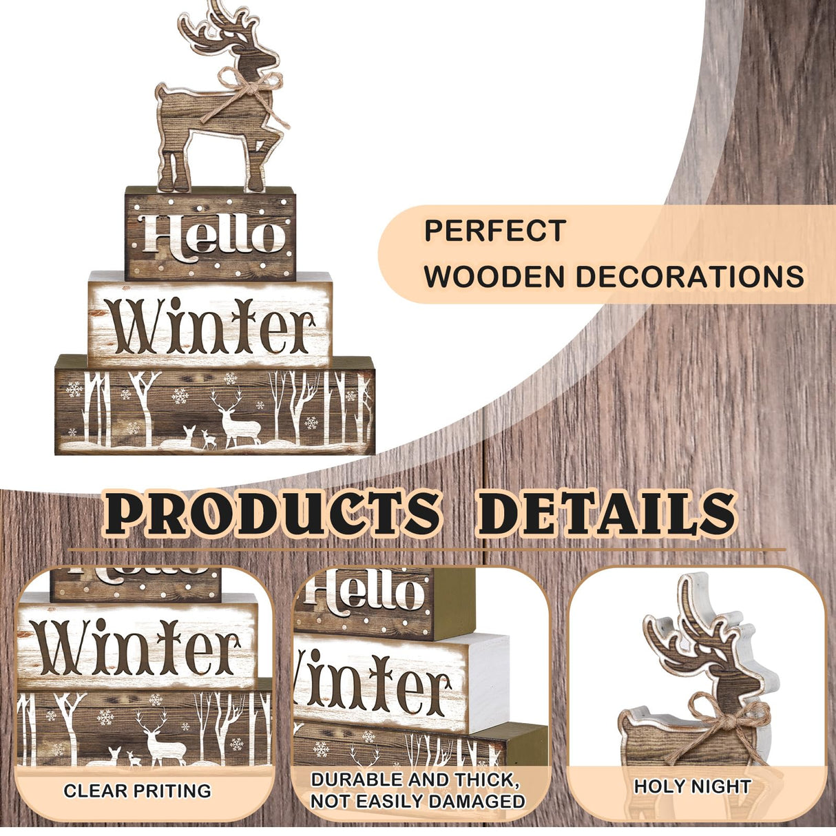 Moucuny 4 Pcs Winter Elk Table Sign Christmas Animal Wooden Elk Table Decorative Signage Winter Tiered Tray Decor Christmas Centerpieces Farmhouse Wooden Block Set Xmas Table Sign for Christmas Home Moucuny
