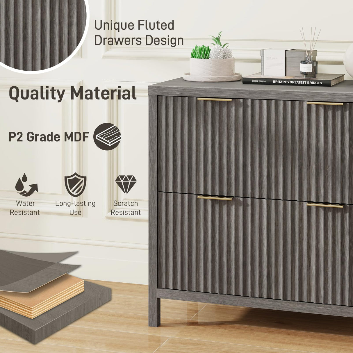 2 Drawer File Cabinet, Printer Stand Lateral Filing Cabinets for Hanging Letter/A4/Legal Size Files Fluted Wood Storage Cabinet for Home Office and School Halitaa