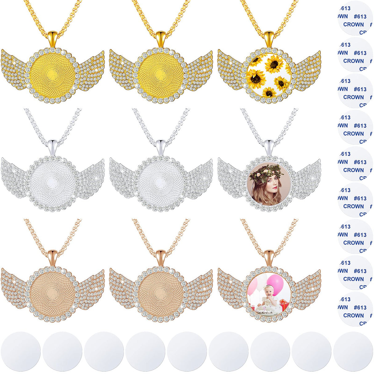 9 Pieces Sublimation Blank Necklace with Chain Set Blank Necklace Rhinestone Wing Shape Bezel Pendant Tray, 25 mm Sublimation Sheet, Double Sided Tape for DIY (Round Shape Style) Hicarer