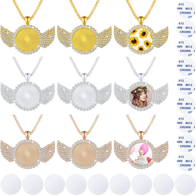 9 Pieces Sublimation Blank Necklace with Chain Set Blank Necklace Rhinestone Wing Shape Bezel Pendant Tray, 25 mm Sublimation Sheet, Double Sided Tape for DIY (Round Shape Style)