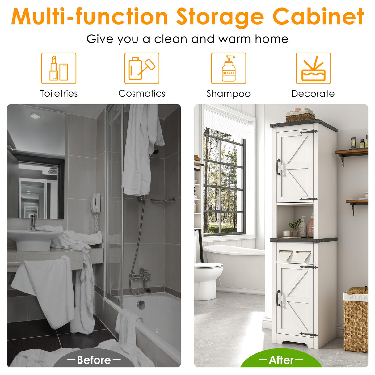 Kepptory Tall Farmhouse Storage Cabinet with Adjustable Shelves and Paper Holders for Bathroom, Living Room, and Kitchen kepptory