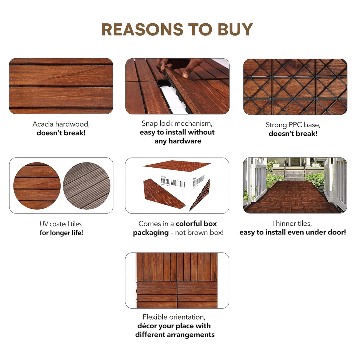 flybold Acacia Wood Patio Flooring Interlocking Deck Tiles (Pack of 10, 12" x 12") Waterproof UV Protected All Weather Tile for Composite Decking Dance Floor for Outdoor Party Balcony flybold