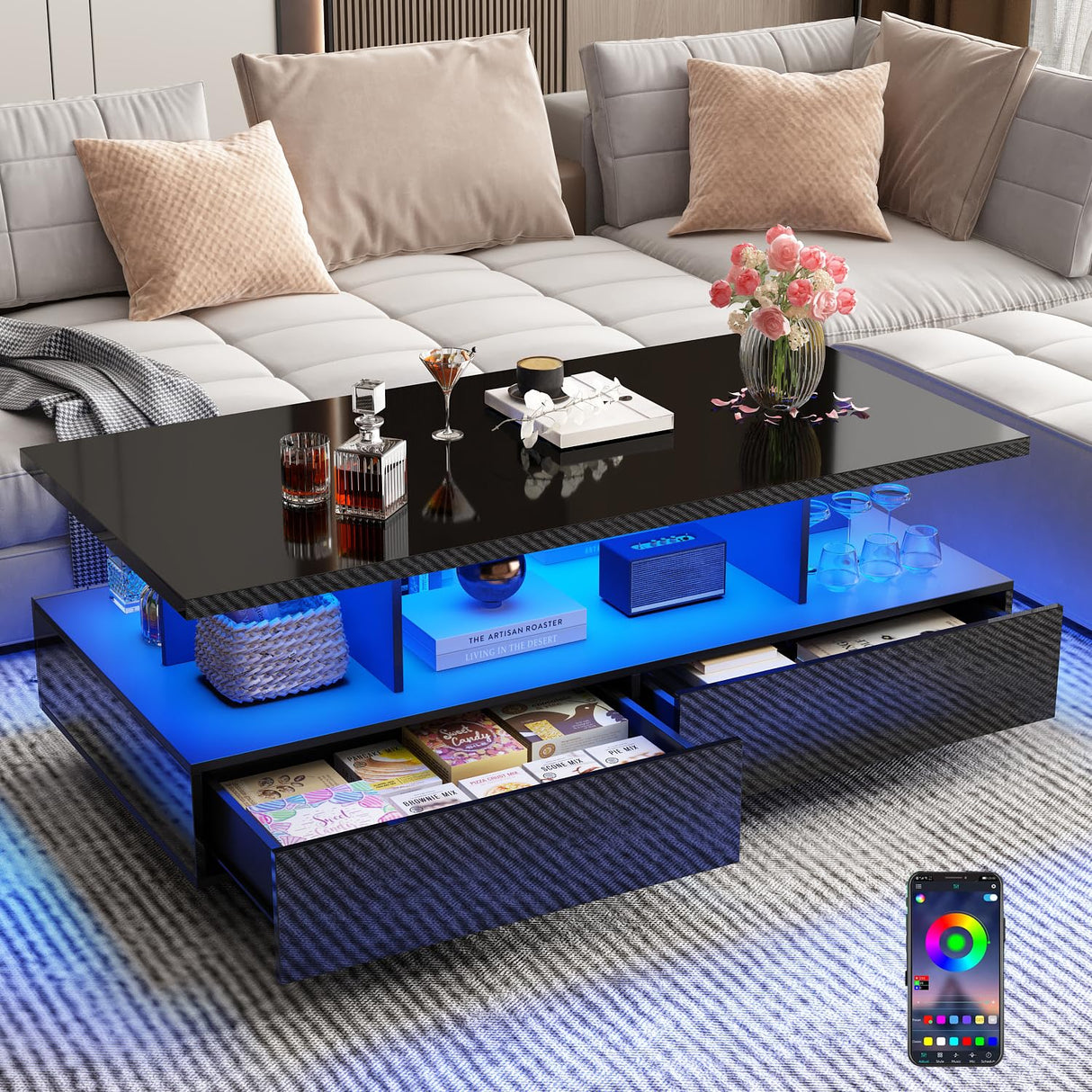 jiteentarou LED Coffee Table w/ 2 Storage Drawers,App Control,High Glossy Modern Black Coffee Table w/60,000-Color Lights,Rectangle 2-Tier Center Table w/Display Shelf for Living Room jiteentarou