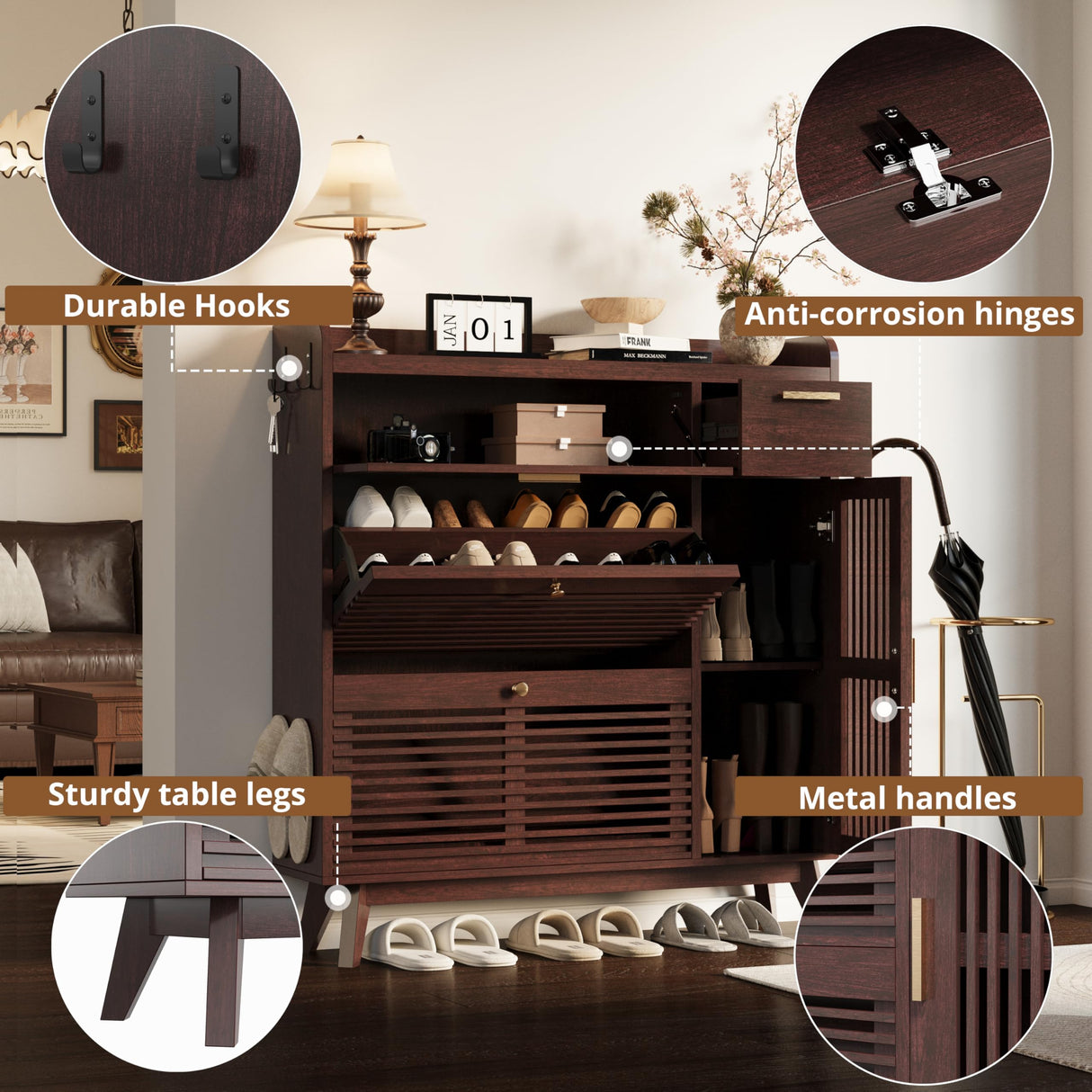 IRONCK Shoe Cabinet, Mid Century Shoe Storage with 2 Flip Drawers & Grille Doors Design, Shoe Rack Cabinet with Hooks and Side Cabinet, Shoe Organizer for Entryway, Natural Red Walnut IRONCK