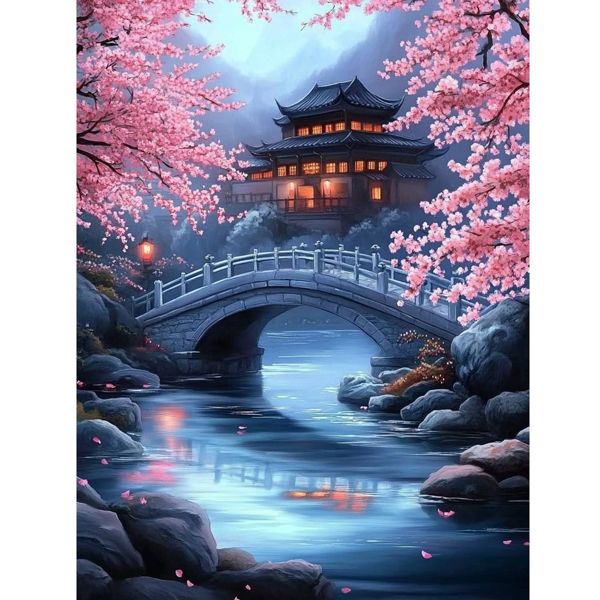 KEYIFA Diamond Art Kits for Adults, 5D DIY Diamond Painting Bridge, Round Full Drill, Cherry Blossoms Diamonds Dots Mosaic Painting, Crystal Gem Arts Craft for Home Wall Decor 12x16 in KEYIFA