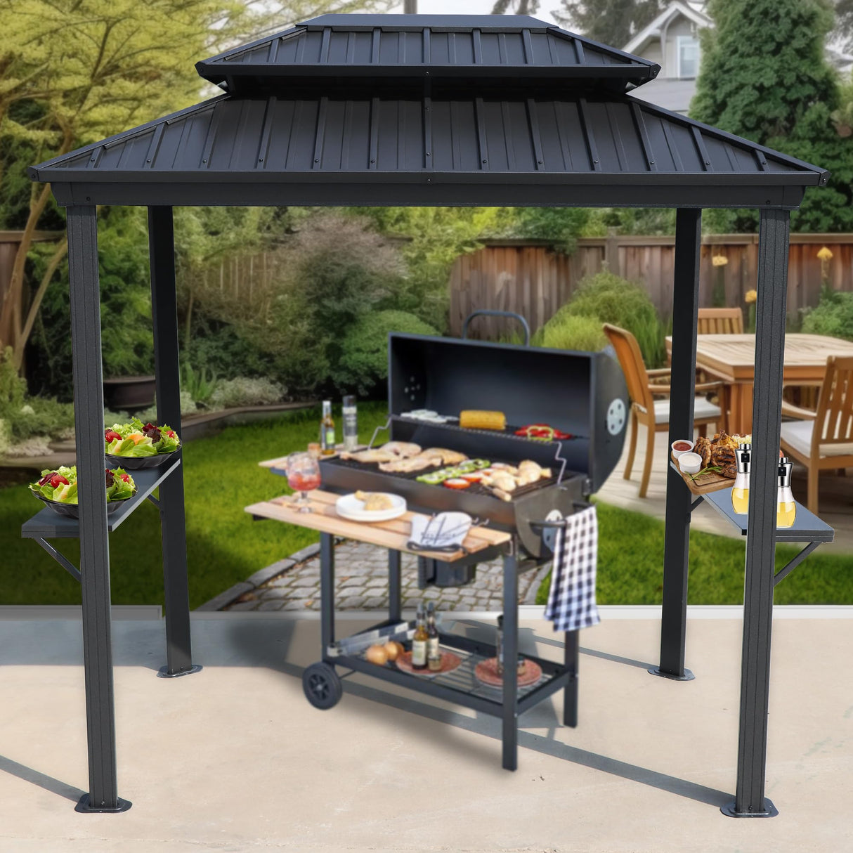 Kozyard 6’ x 8’ BBQ Hardtop Grill Gazebo, Outdoor Barbecue Gazebo with Double Galvanized Metal Roof, Aluminum BBQ Gazebo with 2 Side Shelves for Outdoor Grilling Station (Gray/Hardtop) Kozyard