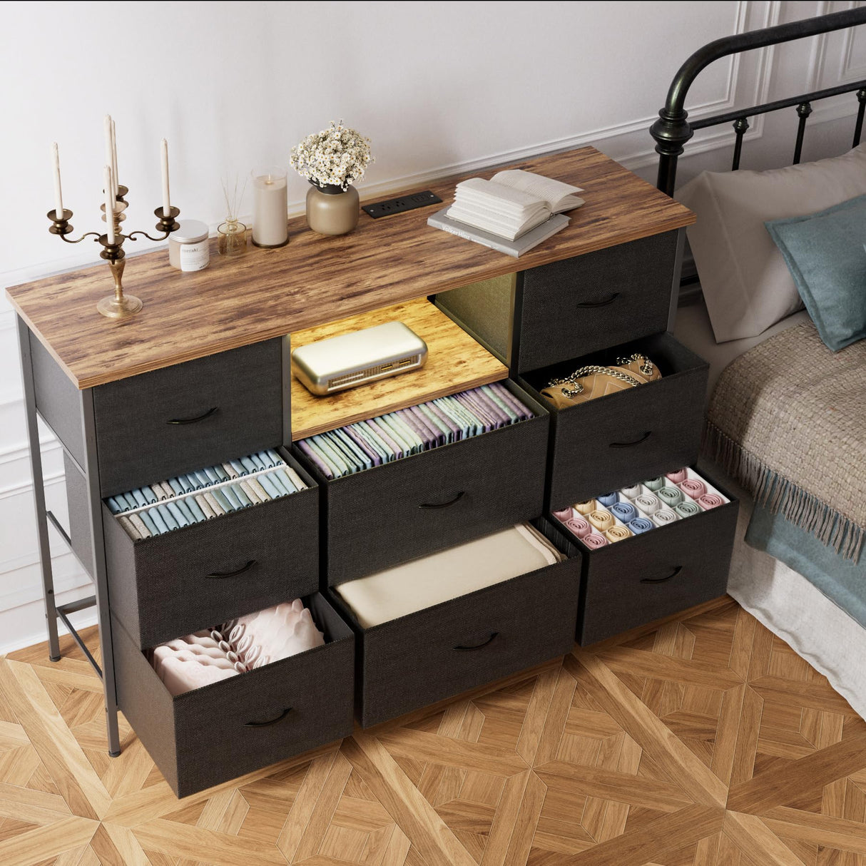 VASICAR Black Dresser with LED Lights & Power Outlets, Dresser TV Stand with 8 Drawers for 55" TV, Fabric Chest of Drawers for Bedroom, Living Room, Entryway VASICAR