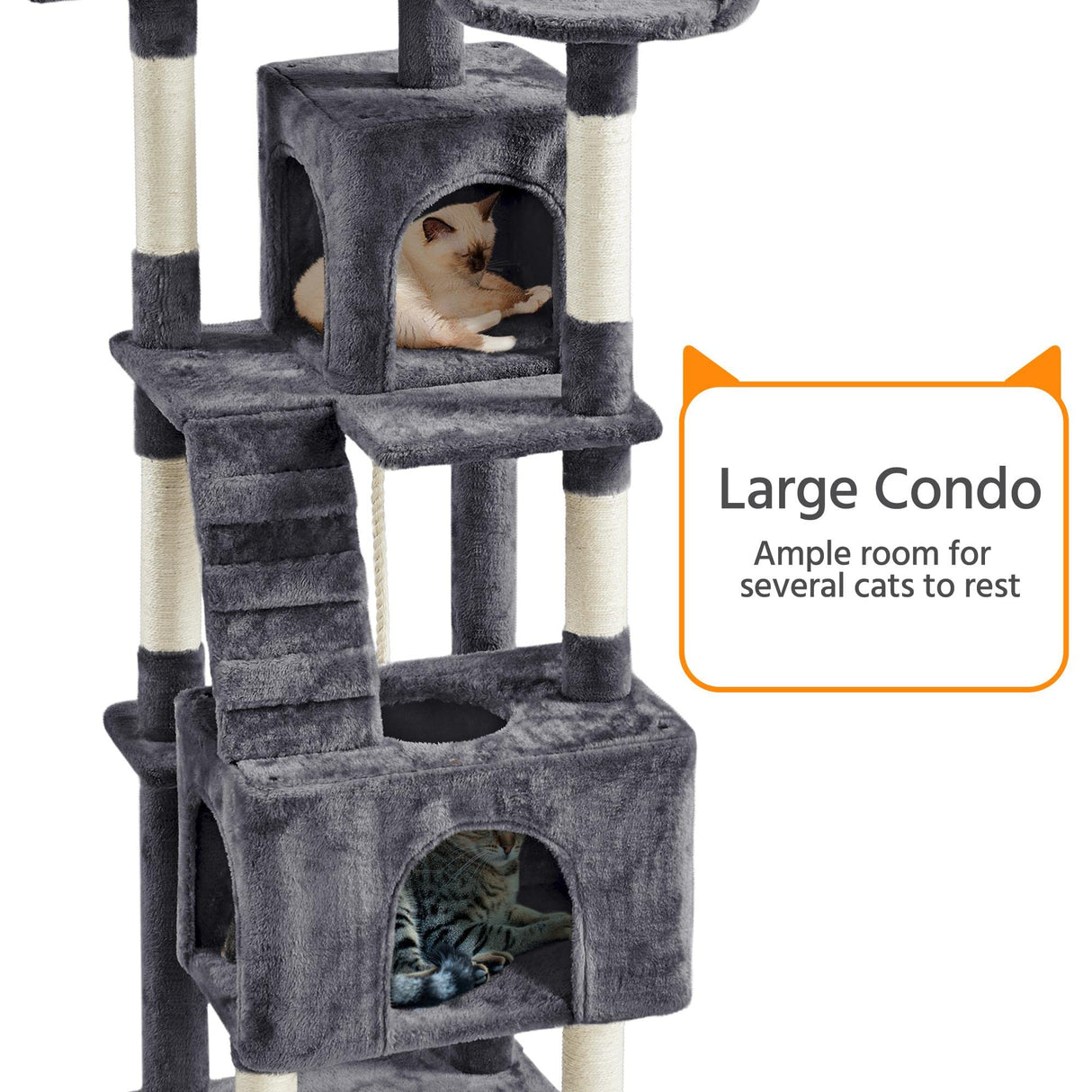 Yaheetech XL Cat Tree, 72in Multi-Level Cat Tower with 2 Cozy Caves, 3 Soft Perches, Scratching Posts, Board, and Dangling Ball, Cat Furniture Cat Play House Kittens, Dark Gray Yaheetech