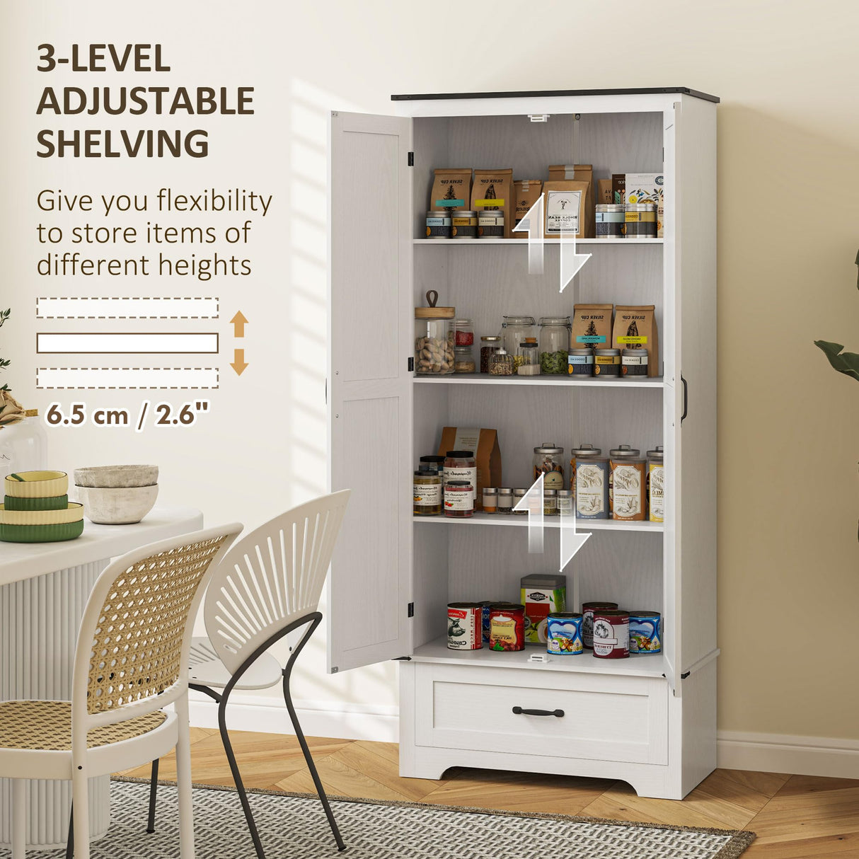 HOMCOM 72" Tall Farmhouse Kitchen Pantry Cabinet - Kitchen Storage Cabinet with Adjustable Shelves & 2 Barn Doors & Drawer, Versatile Storage Unit for Dining Room, Distressed White HOMCOM