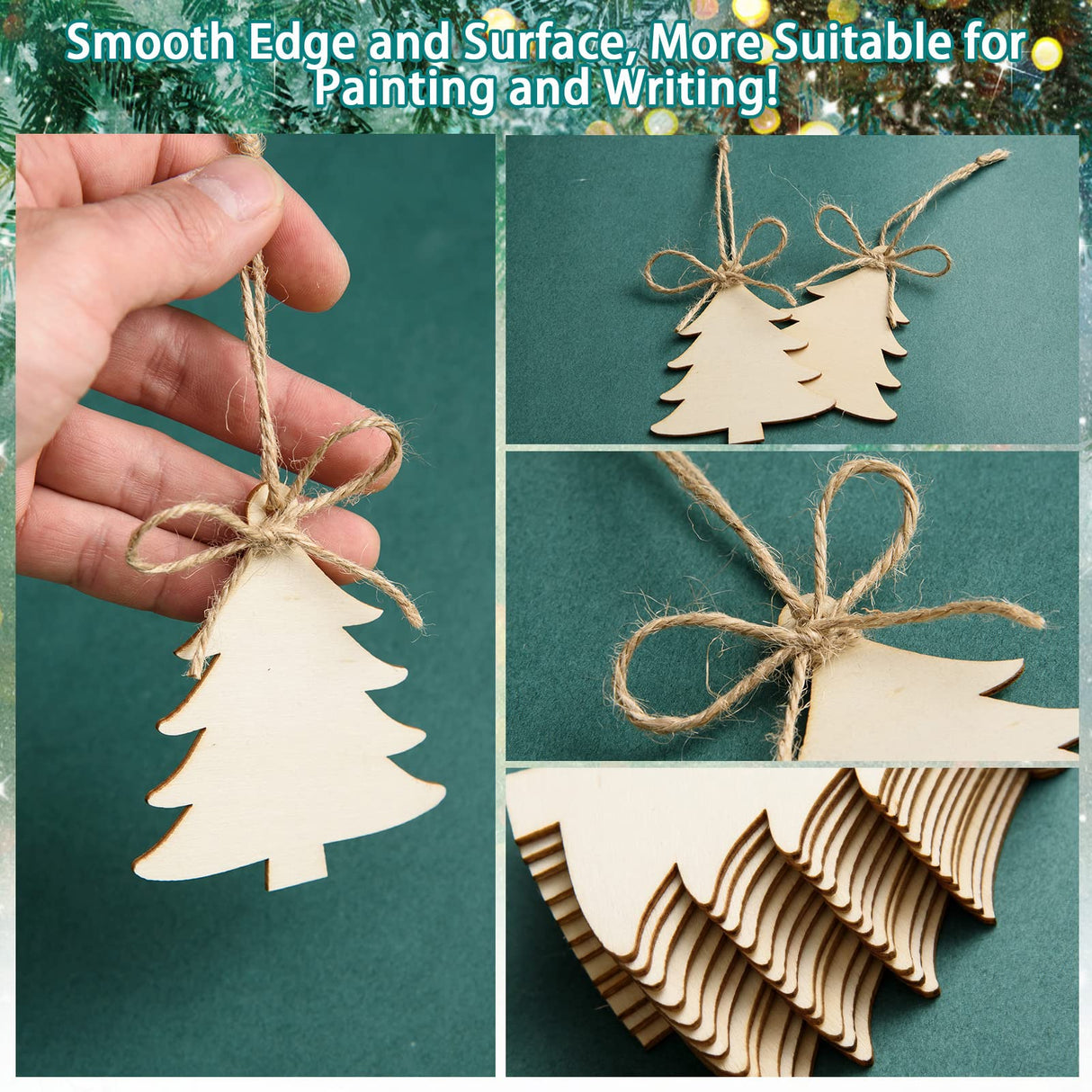 150 Pieces Wooden Christmas Tree Cutouts Crafts Embellishments Unfinished Christmas Tree Hanging Ornaments Blank Christmas Tree Wood Cutouts Slice with Ropes for DIY Crafts Christmas Xmas Decoration AWIZOM