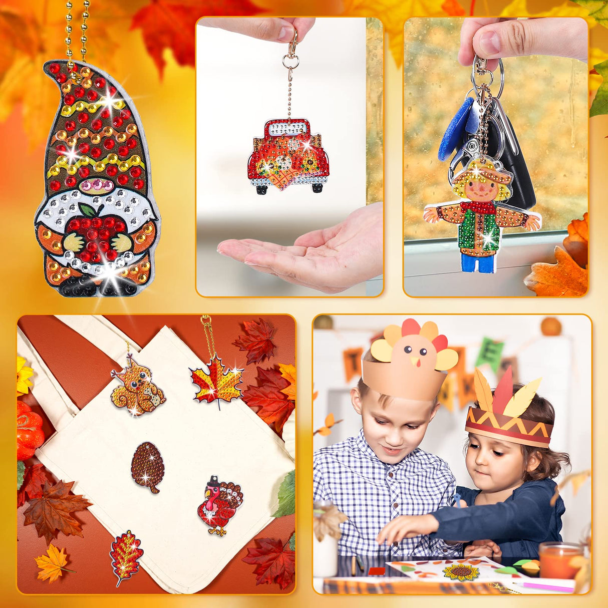 Whaline 15Pcs Fall Diamond Drawing Keychain Kit Autumn Gnome Animal Plants Fall 5D DIY Diamond Art Ornaments Rhinestone Mosaic Making Full Drill Diamond Key Chain for Kids Crafts Gifts Party Supplies Whaline