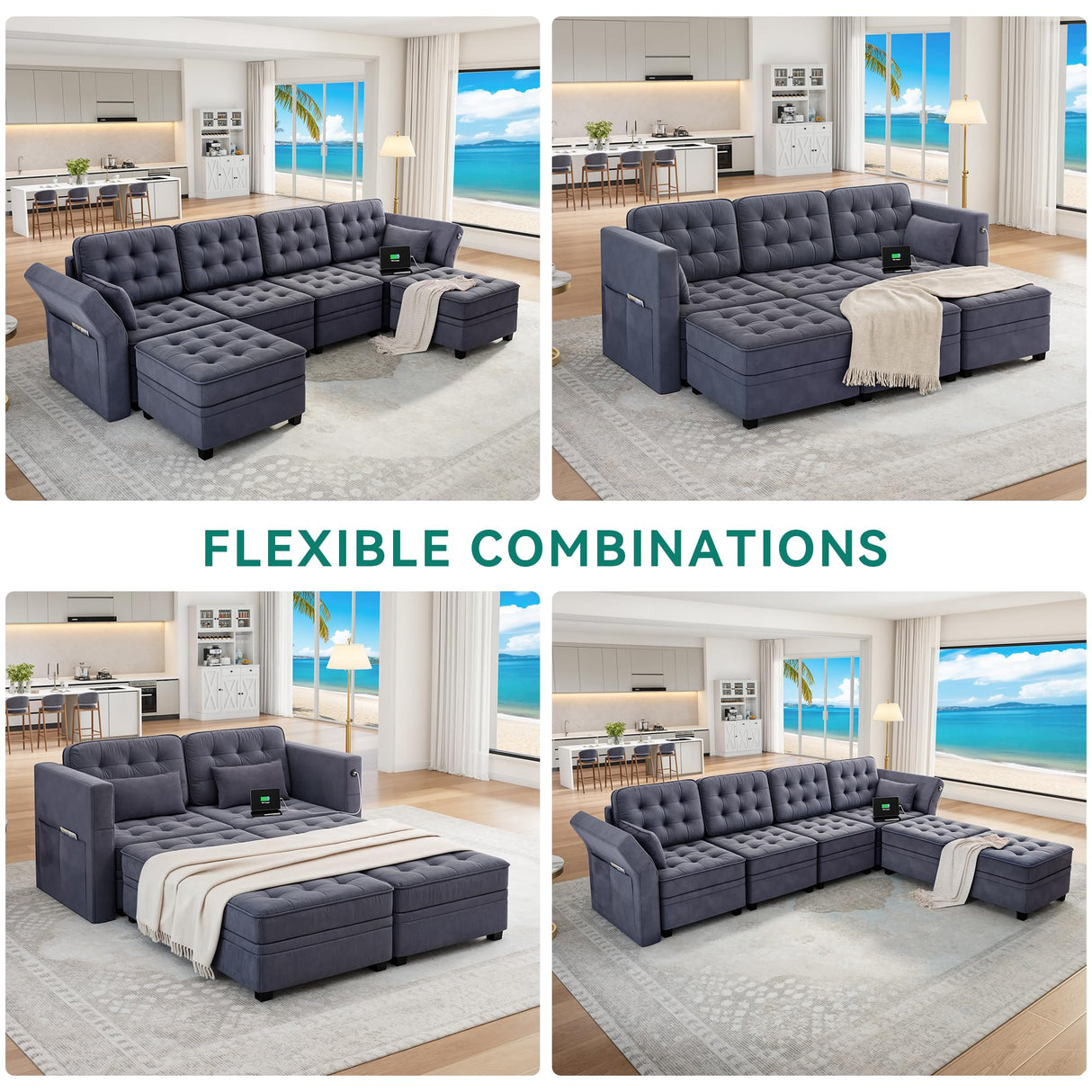 YITAHOME Modular Sectional Sofa, U Shaped Sectional Couch with Reversible Chaise Velvet 6-Seater Convertible Sofa with 3-Position Adjustable Armrests and USB Port, for Living Room (Dark Grey3) YITAHOME